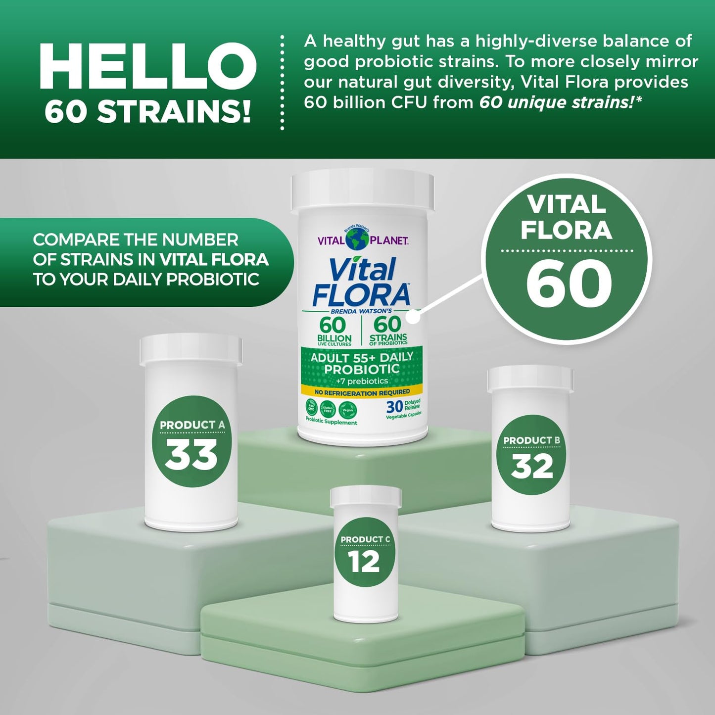 Vital Planet Vital Flora Adults Over 55 Daily Probiotic 60 Billion CFU, Diverse Strains, Organic Prebiotics, Immune and Digestive Health Shelf Stable Probiotics for Women and Men, 60 Capsules