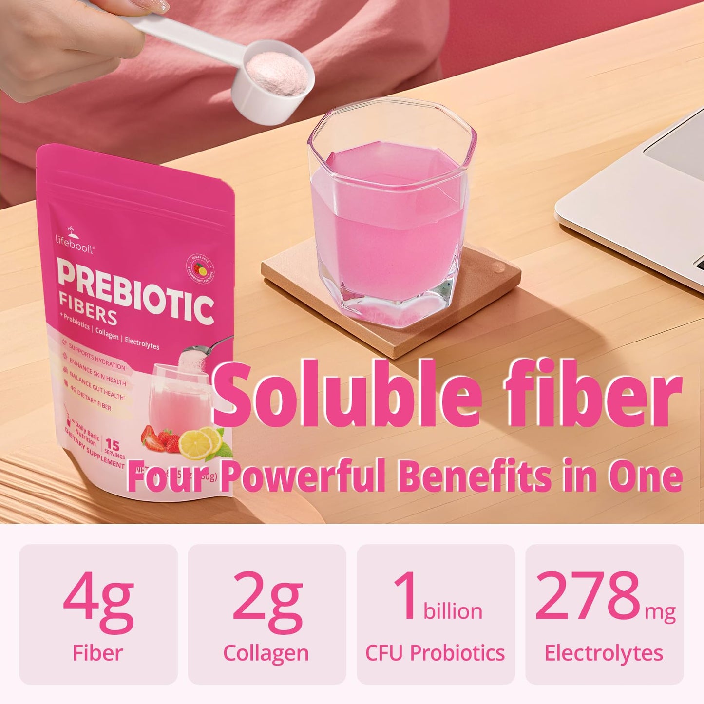 Lifebooil Daily Fiber Supplement Powder for Women & Men with Probiotics, Collagen & Electrolytes, Supports Digestive & Gut Health, Bloating Relief, 6.35 oz