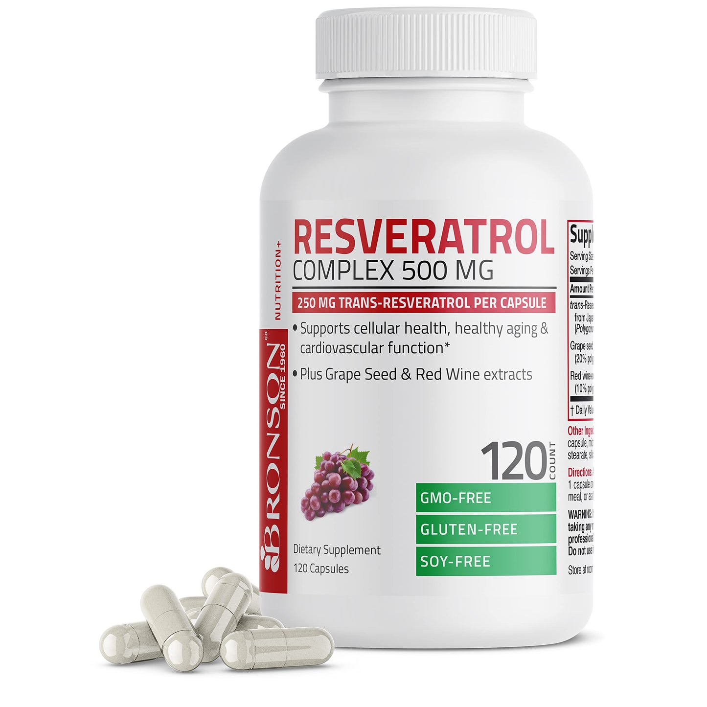 Bronson Resveratrol 500 Complex Standardized Trans-Resveratrol + Grape Seed & Red Wine Extract Capsules, 120 Count