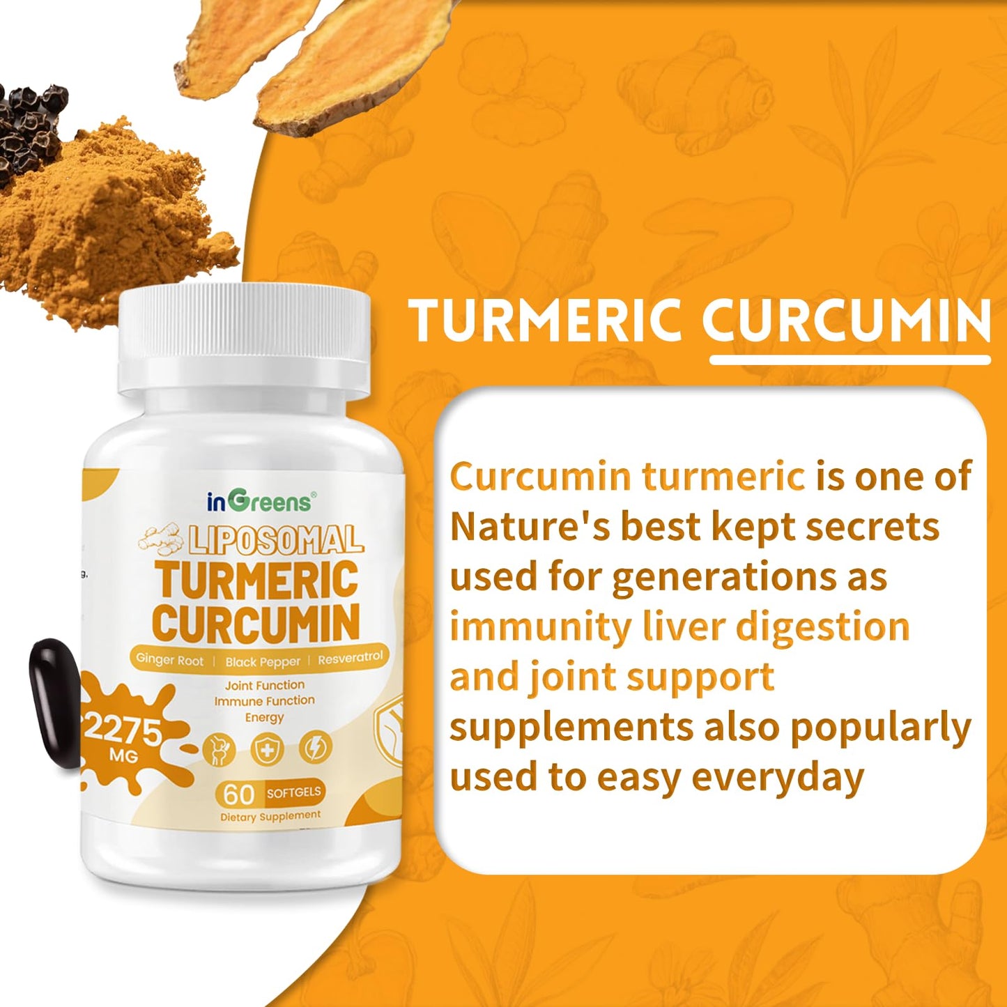 inGreens Turmeric Supplement 2275mg, 95% Curcumin, Liposomal Curcumin for Joint Support, 60 Softgels