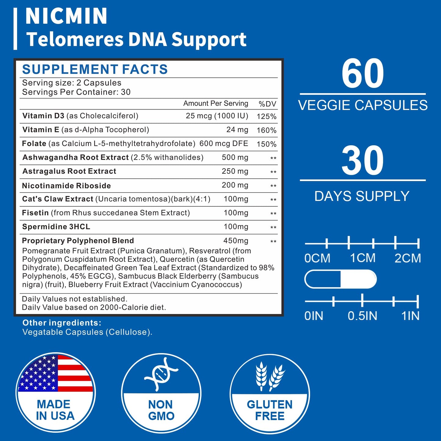 NICMIN Telomeres DNA Support - Anti Aging Supplement for DNA Repair, Cell Health & Stem Cell Support Max Absorption, 180 Capsules