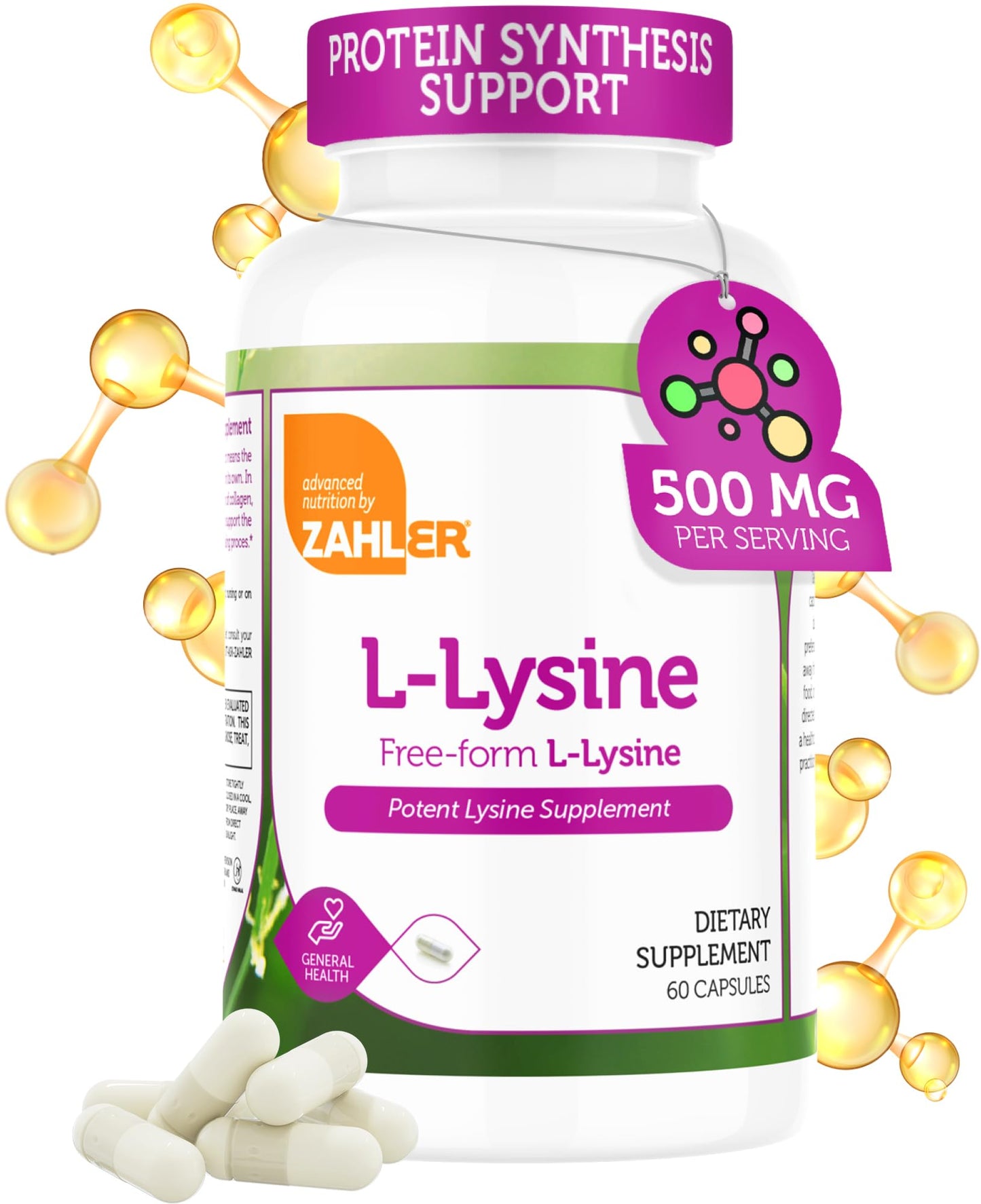 Zahler L-Lysine 500mg Freeform L-Lysine Supplement Kosher Capsule 60 Capsules