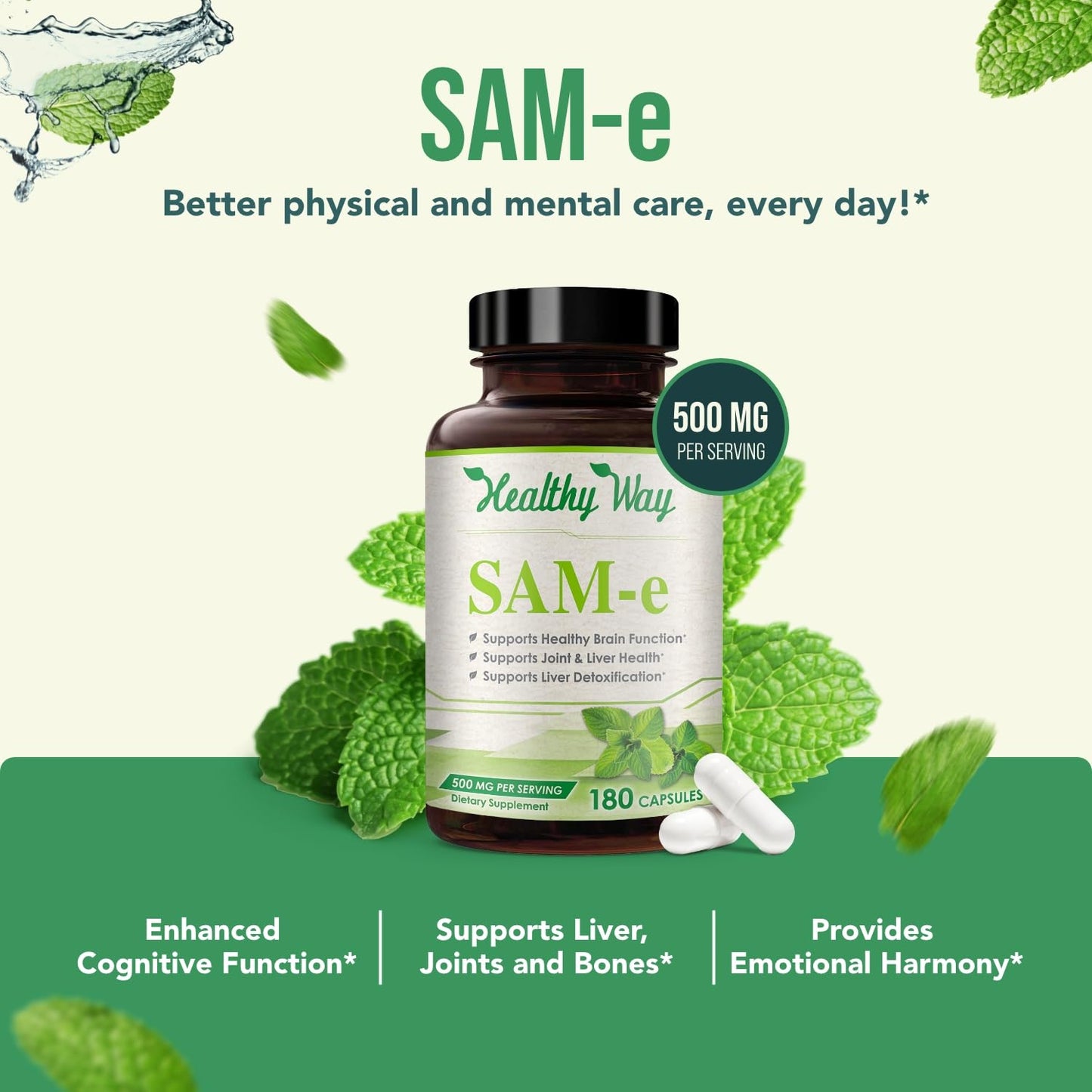 HealthyWayRx 500mg SAM-e Supplement - S-Adenosyl-L-Methionine for Brain Liver and Mood Support, Non-GMO High Absorption, 180 Capsules