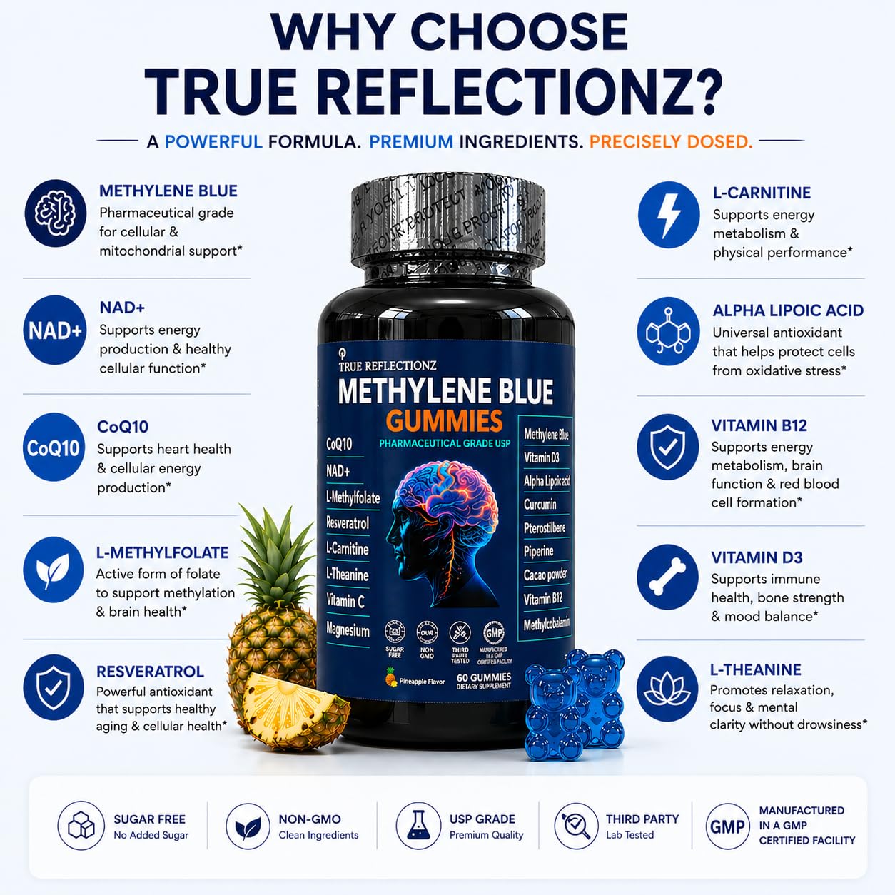 True reflectionz Methylene Blue Gummies 12mg Cognitive Support with Added Vitamin C, NAD, L-Methylfolate, Methylcobalamin B12, Methylated Vitamins, 60 Count