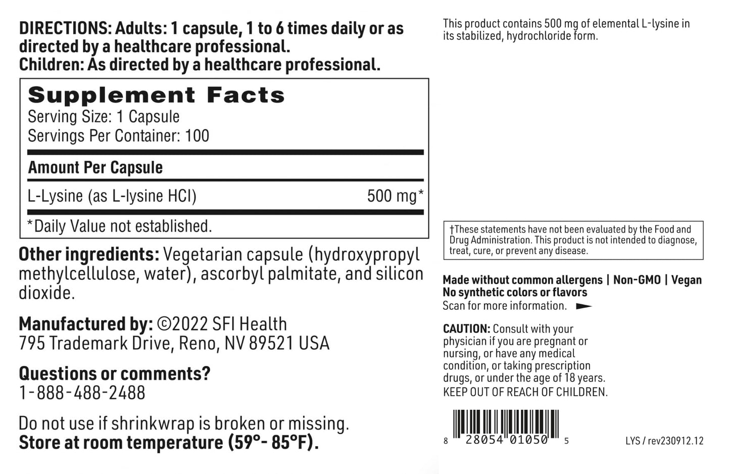SFI Health L-Lysine 500 mg Capsule, 100 Capsules