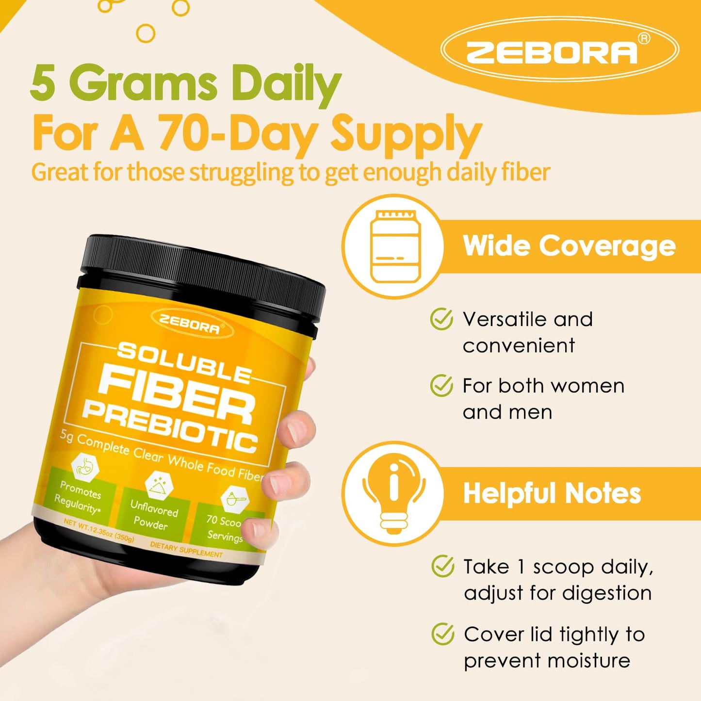 ZEBORA Soluble Prebiotic Fiber Powder 12.35 oz