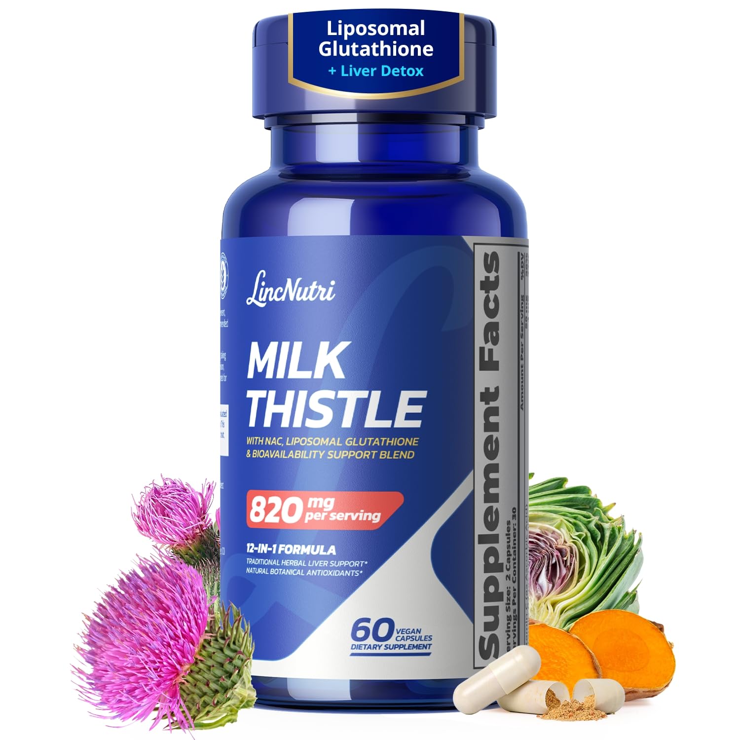 LincNutri Milk Thistle Liver Detox Supplement with Liposomal Glutathione, 60 Capsules