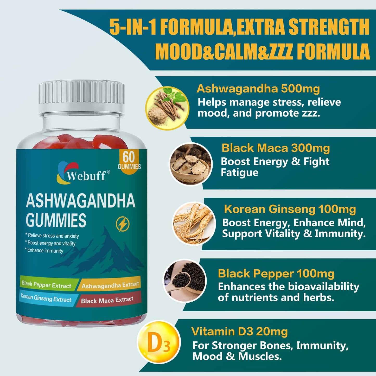 Webuff Ashwagandha Gummies with L-Theanine & Black Pepper Extract, 60 Count