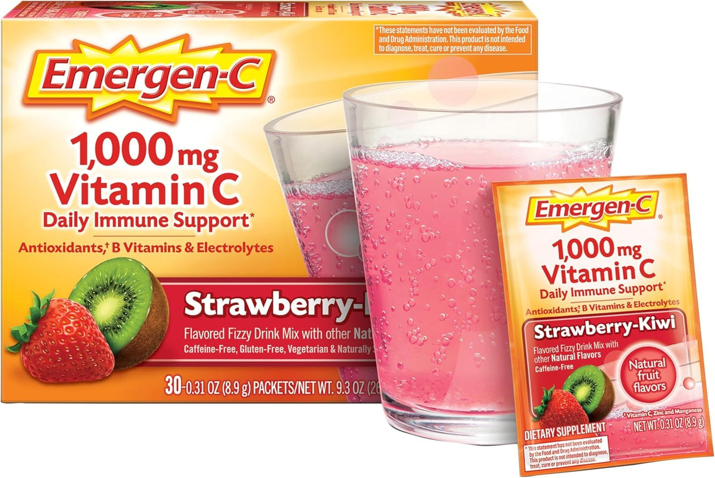 Emergen-C 1000mg Vitamin C Powder, Strawberry Kiwi Flavor, Immune Support, 30 Count (Pack of 2)