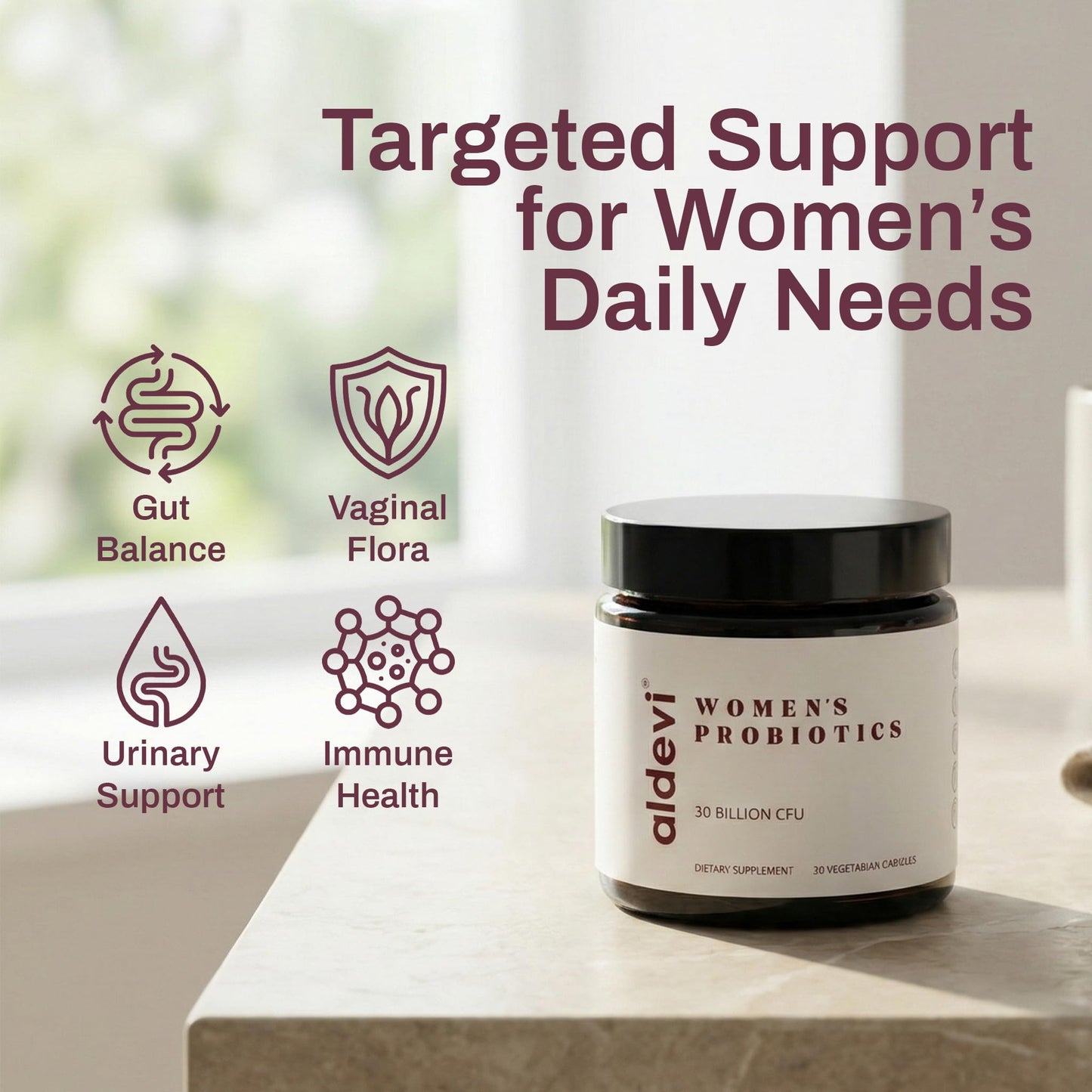 aldevi Women’s Probiotics 30 Billion CFU with Cranberry, Made in USA – Daily Support for Vaginal pH, Urinary & Digestive Health – Vegan, 30 Capsules