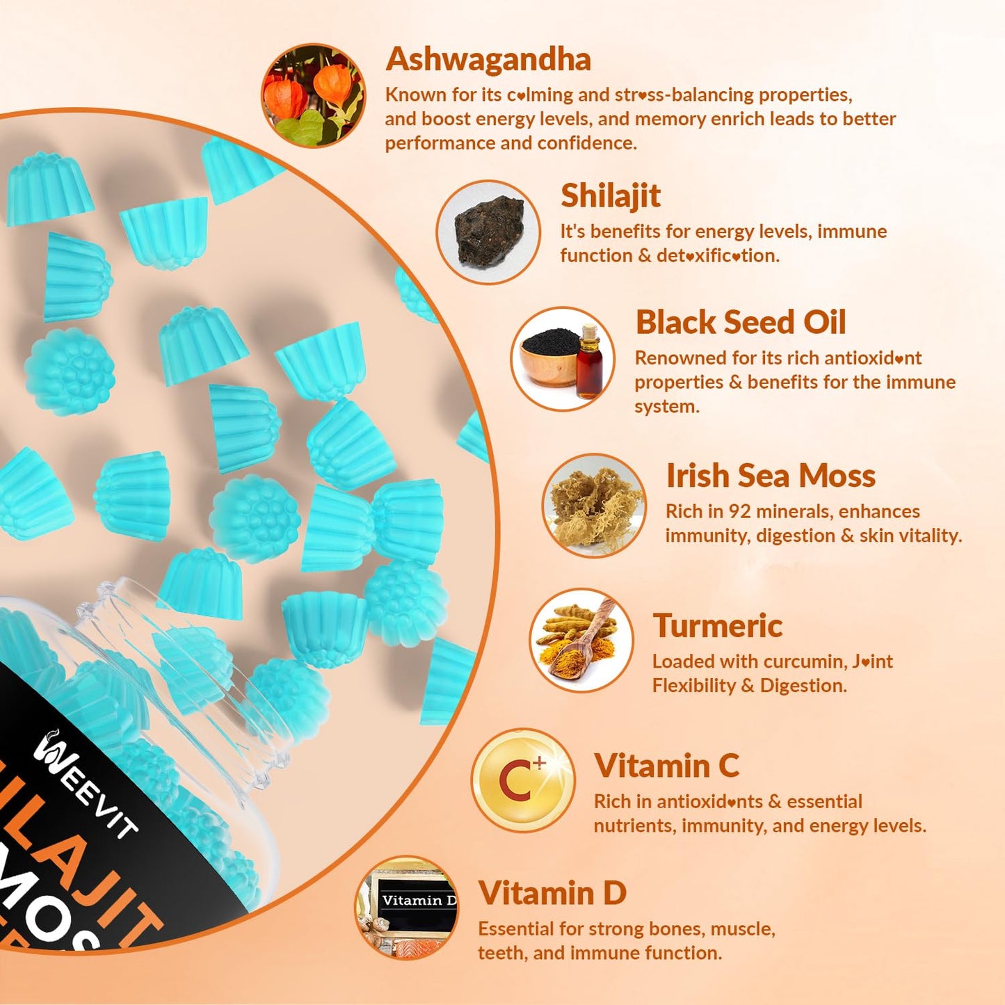 WEEVIT Shilajit Sea Moss Ashwagandha Gummies with Turmeric, Black Seed Oil, Vitamin C & D, Immune & Energy Support, 120 Gummies