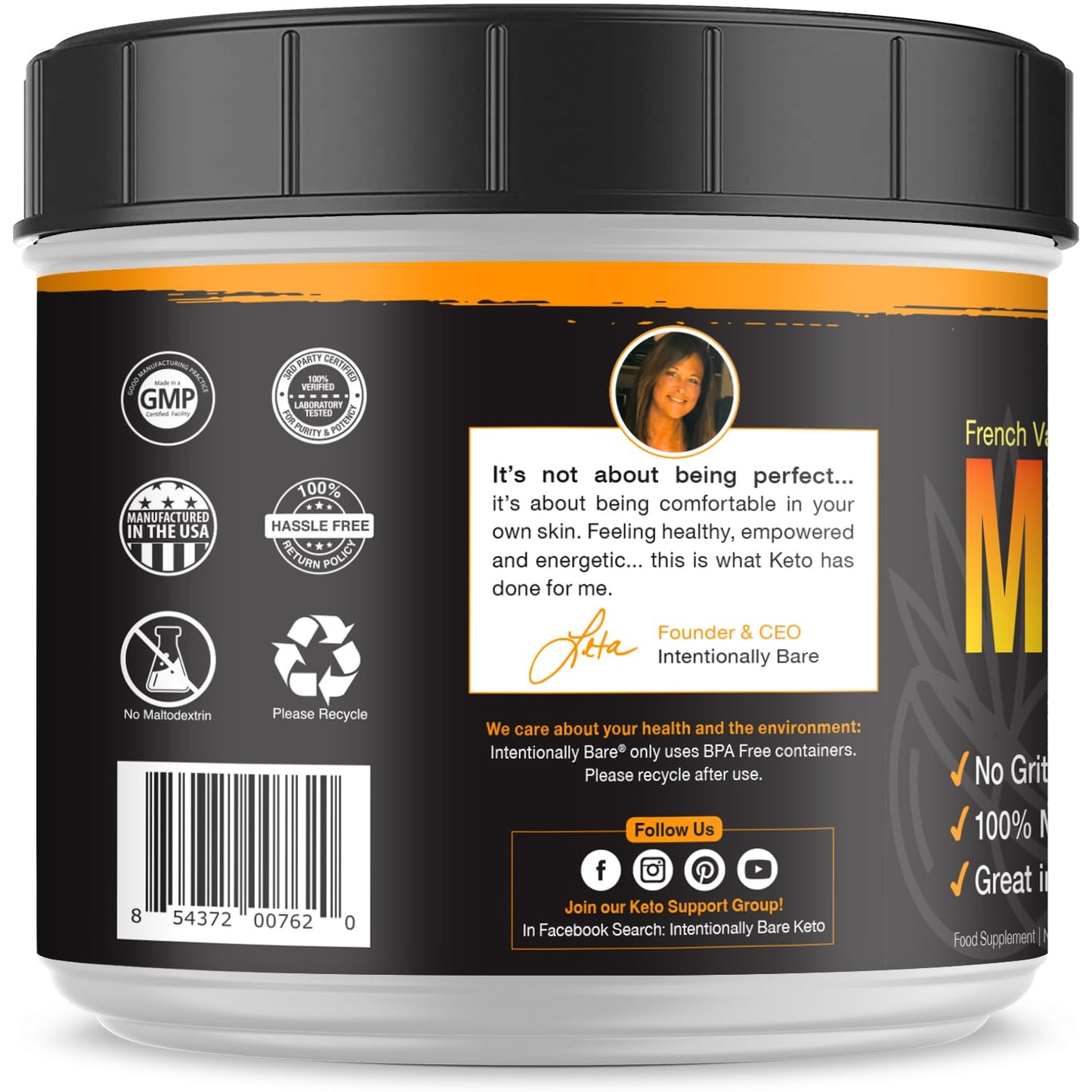 Intentionally Bare MCT Oil Powder - French Vanilla – Zero net Carbs, 14.5 Ounces