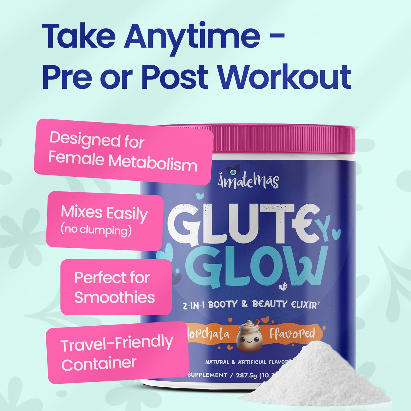 Amatemas Glute Y Glow – Women's Creatine + Biotin Supplement for Muscle Growth, Glute Support, Hair Skin & Nails – Horchata Flavor – Energy Support – Lean Muscle – Daily Performance Blend, Powder, 25