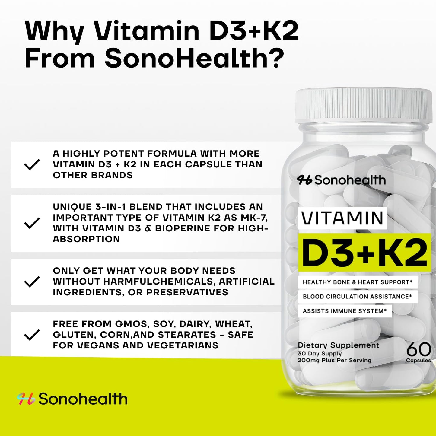 SonoHealth Vitamin D3 + K2 with BioPerine 60 Capsules