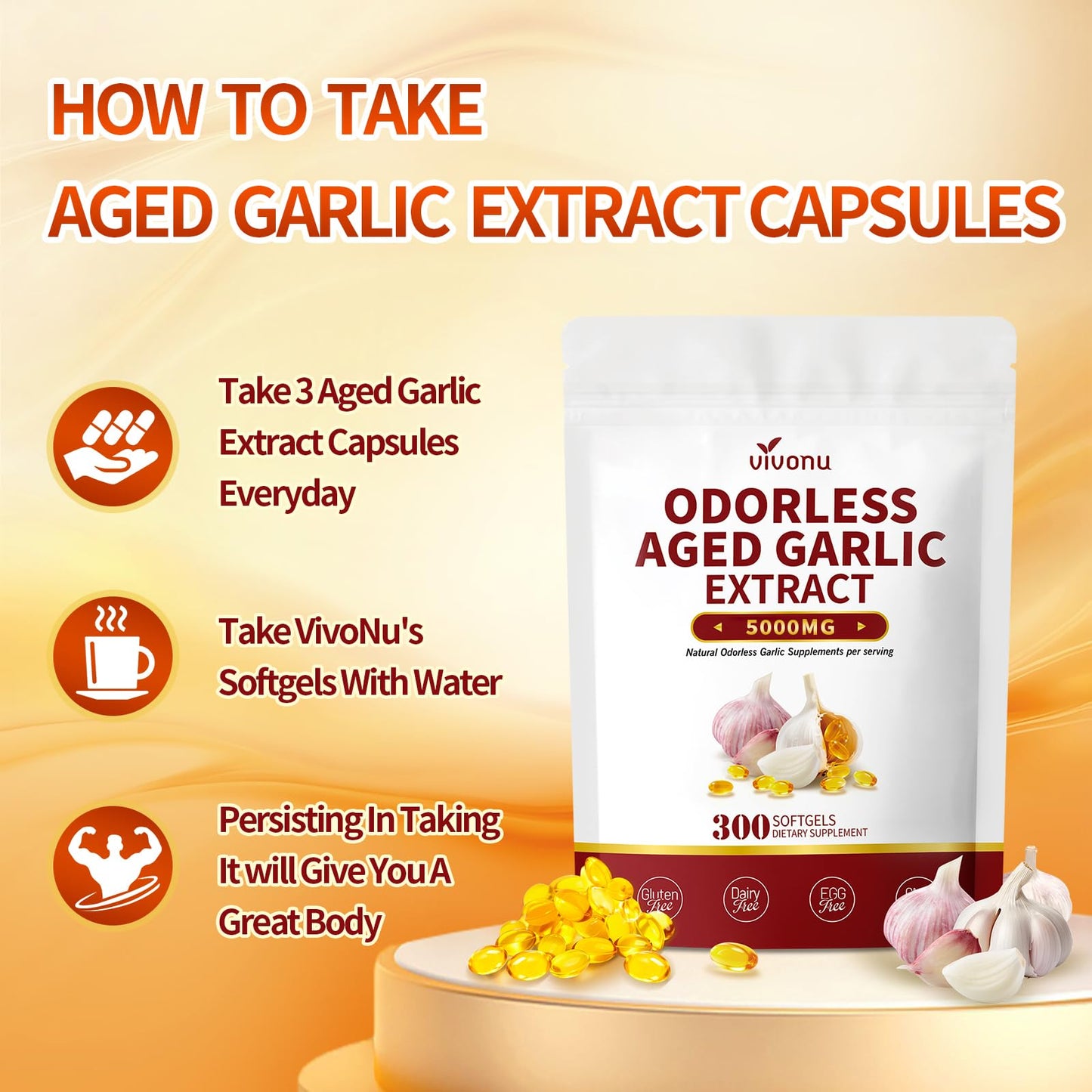 VivoNu Aged Garlic Extract Softgels, 300 Count