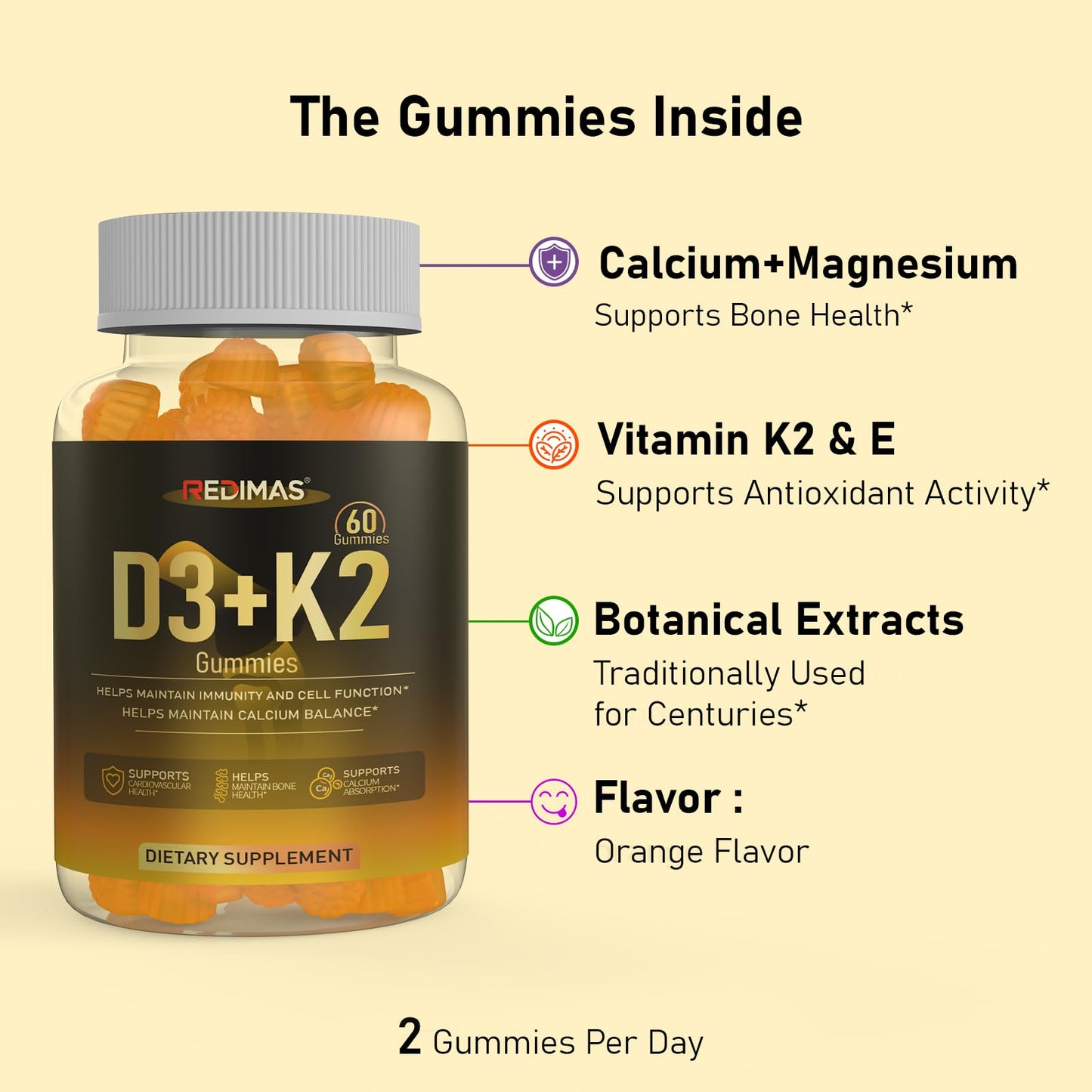 Redimas Calcium Gummies with Vitamin D3, K2 and Vitamin E, Chewable Calcium and Magnesium Supplement with Multi-Vitamin Complex, 60 Gummies