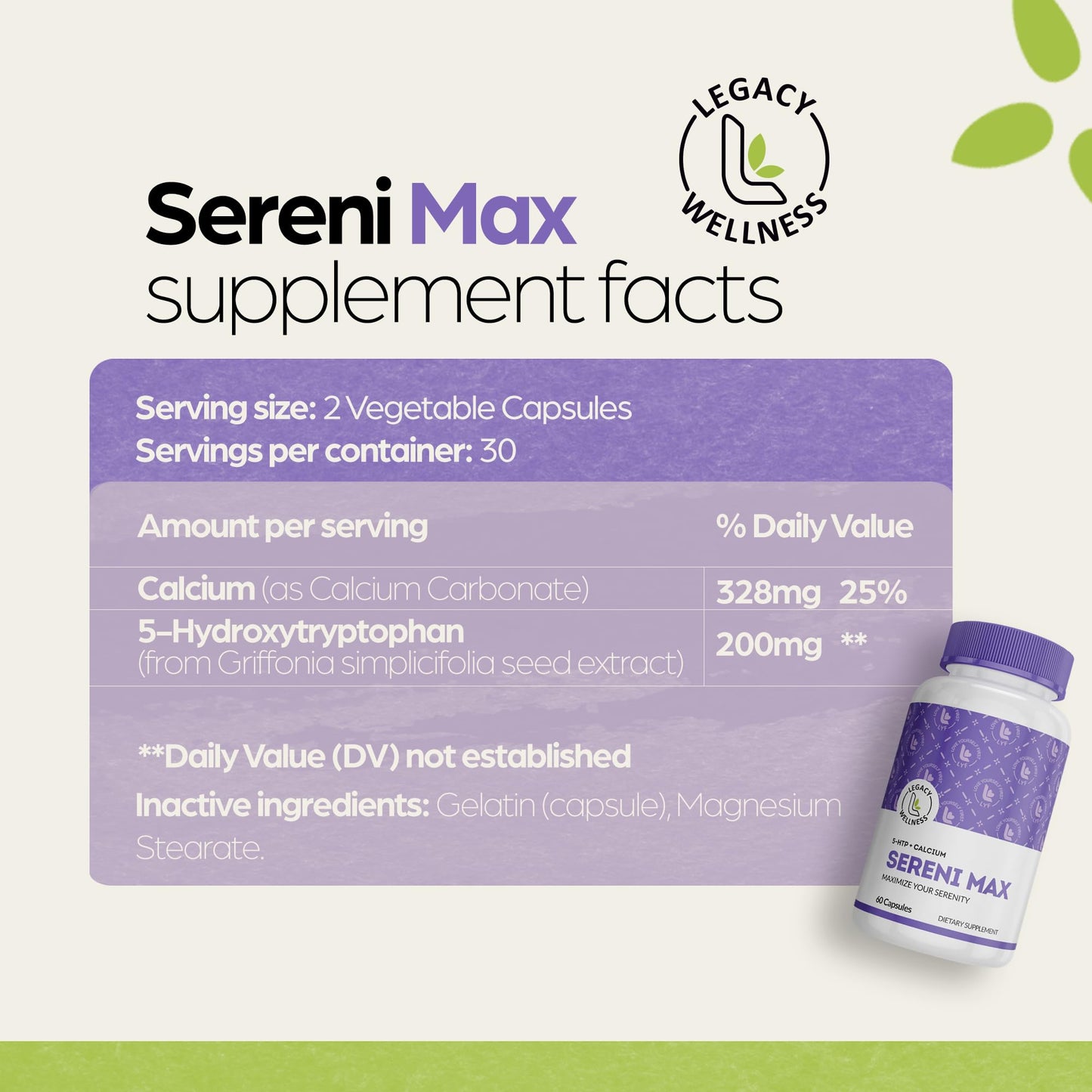 LegacyNutra Serini-Max 5-HTP Mood Support + Calcium, 60 Capsules