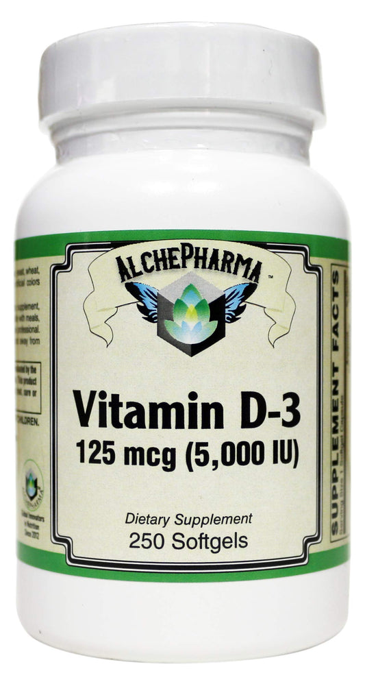 AlchePharma Vitamin D-3 125 mcg (5,000 IU) from Lanolin in safflower oil base Softgels 250