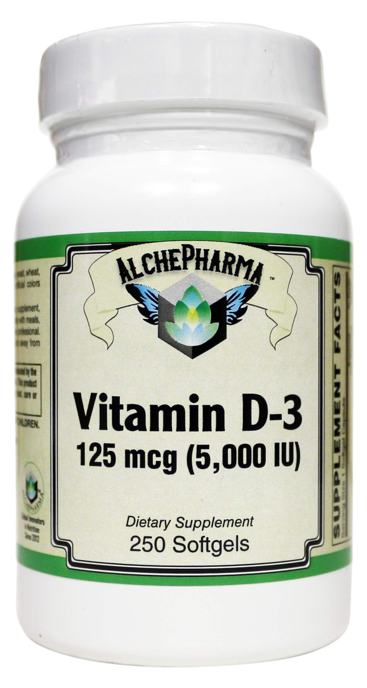 AlchePharma Vitamin D-3 125 mcg (5,000 IU) from Lanolin in a Base of Safflower Oil Softgel, 250 Soft Gels