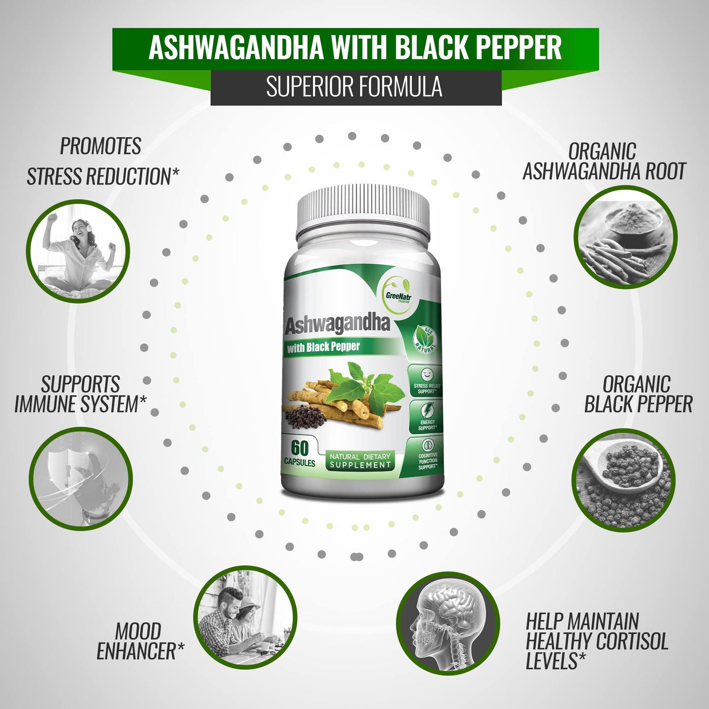 GreeNatr Organic Ashwagandha Capsules with Black Pepper for Enhanced Absorption, 60 Veggie Capsules
