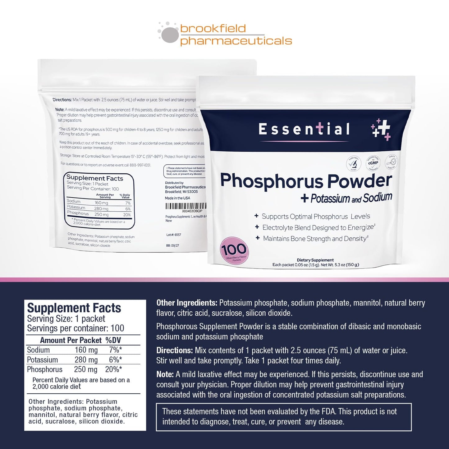 Brookfield Pharmaceuticals Phosphorus Supplements Powder Concentrate, 100 Count