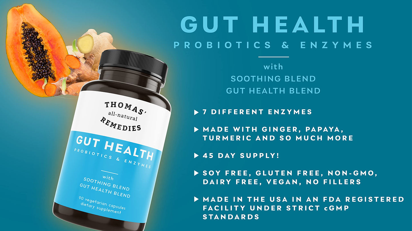 Thomas' all-natural Remedies Gut Health with Digestive Enzymes, Probiotics, Ginger, Papaya, and Turmeric for Digestion and Bloating Relieve Capsules, 90 Capsules