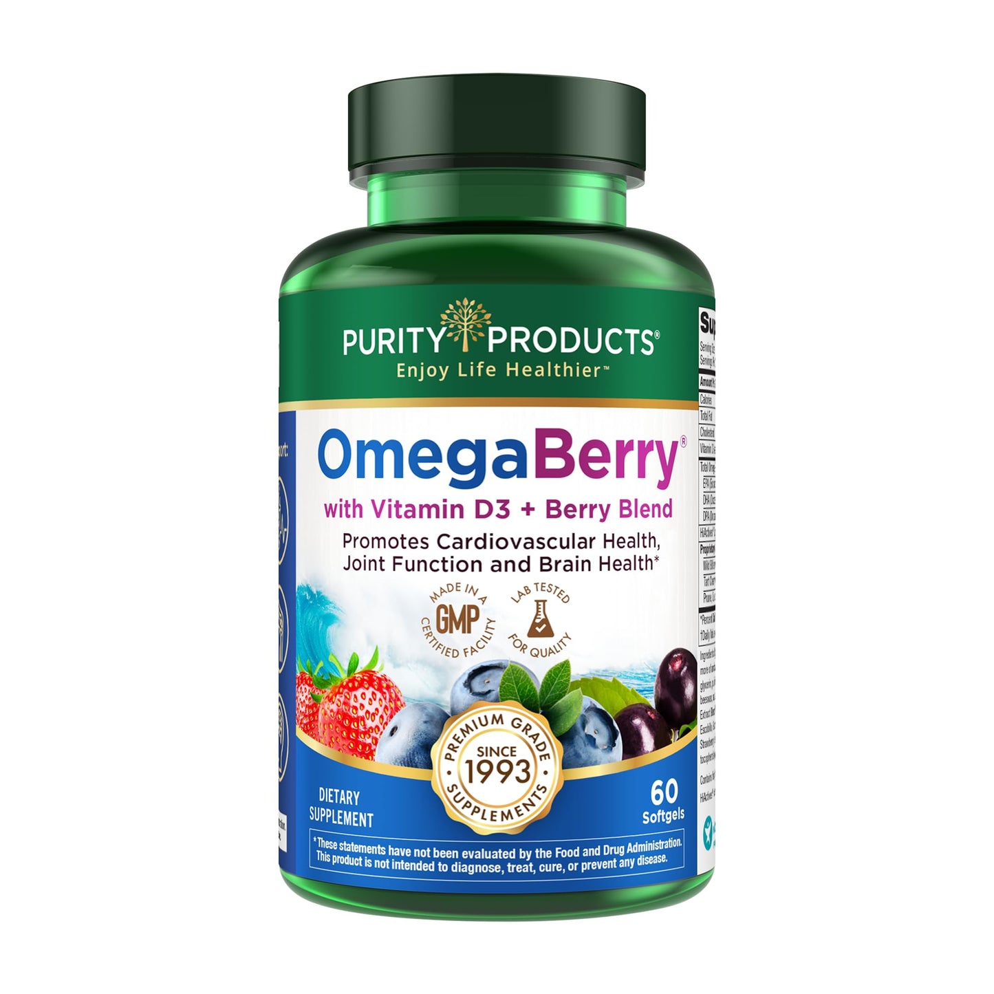 Purity Products OmegaBerry Fish Oil with Vitamin D3 and Organic Acai Softgels 60