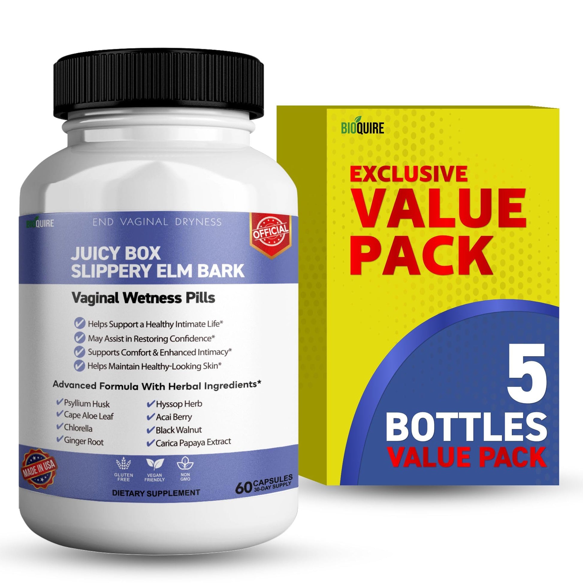 BIOQUIRE Juicy Box Slippery Elm Bark Vaginal Wellness Supplement Capsule, 60 Veggie Capsules