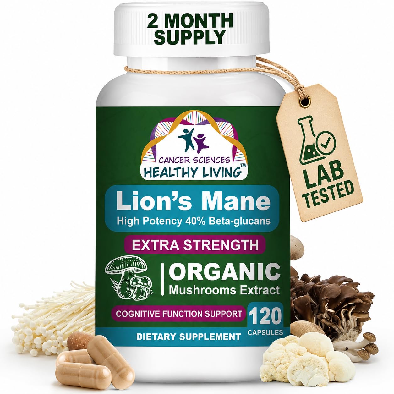 CANCER SCIENCES HEALTHY LIVING Organic Lions Mane Mushroom Supplement Capsule 120 Count