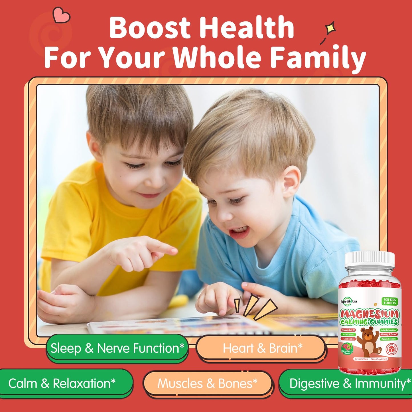 ReviNutra Magnesium Glycinate Gummies Complex with L-Theanine, Vitamin B6, D3 for Kids & Adults Gummies 60 Count