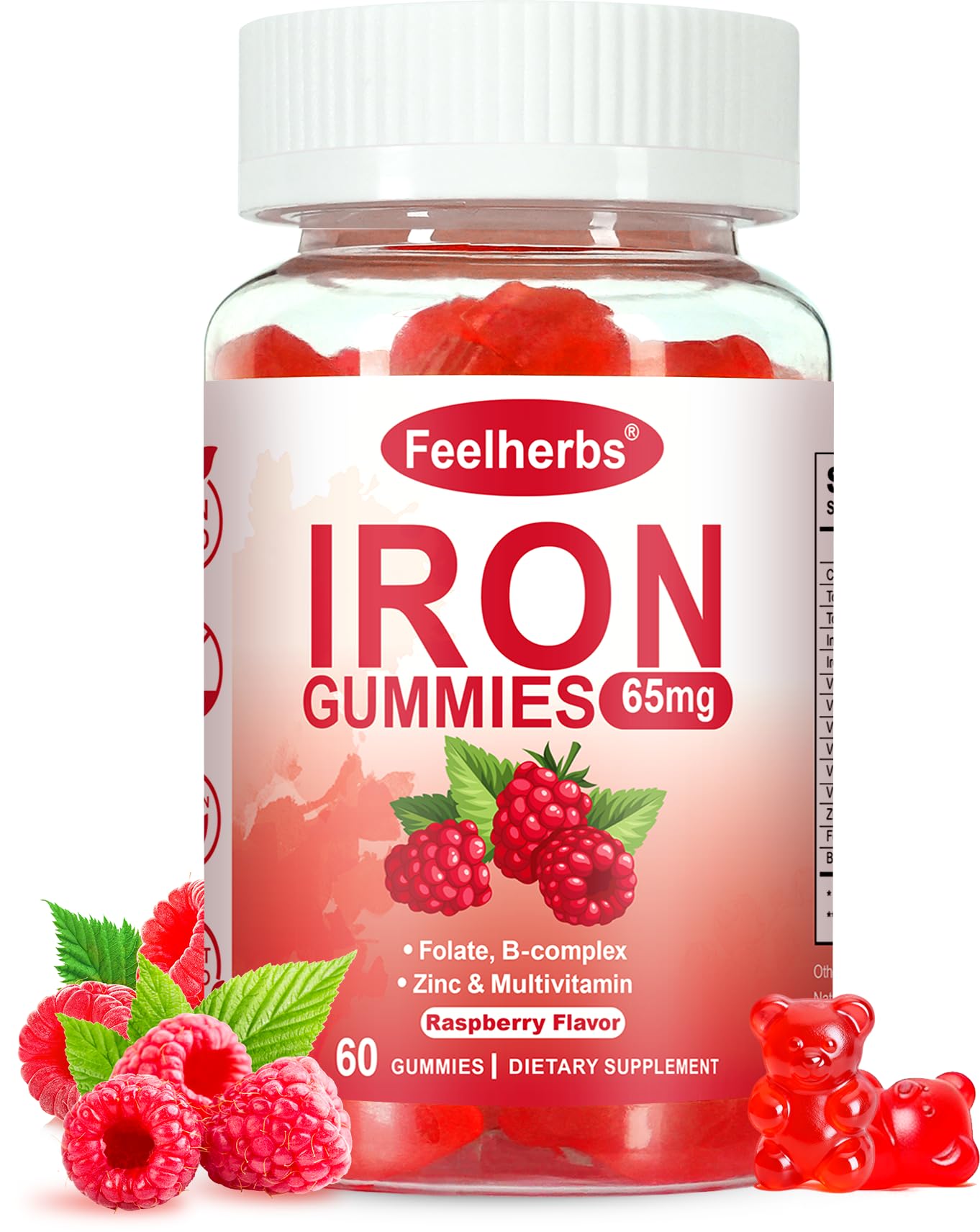 Feelherbs Iron Gummies for Women with Multivitamin, Raspberry Flavor, Vegan Iron Vitamin Gummy with Folate and B Complex, 60 Gummies