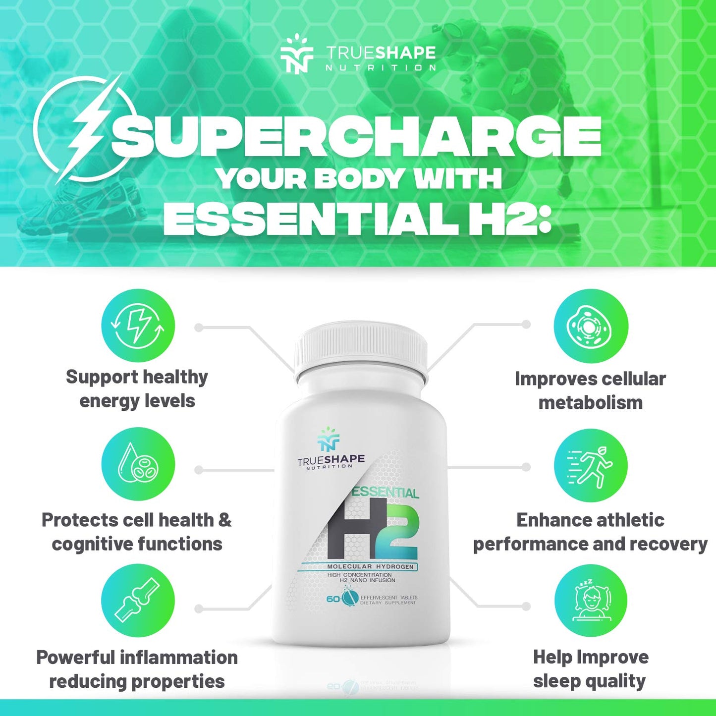 TrueShape Nutrition Essential H2 Fizzy Molecular Hydrogen Tablets for Water Nutritional Supplement, Effervescent Tablets, 60 Tablets