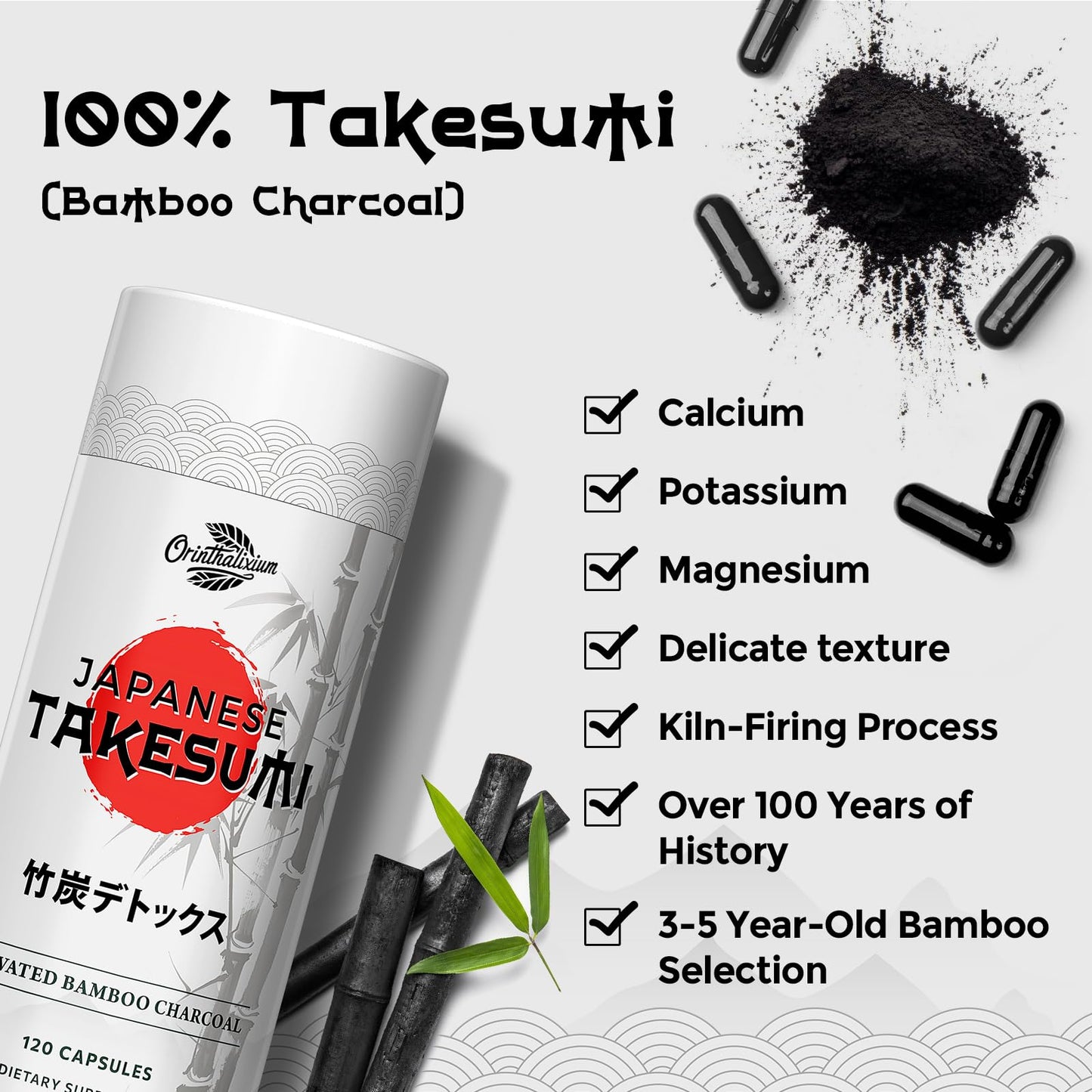 Orinthalixium Takesumi Activated Charcoal 2000mg from Bamboo, Capsule, 120 Count