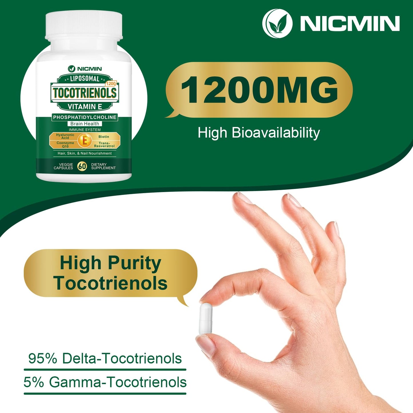 NICMIN 1200mg Vitamin E Tocotrienols Liposomal Tocotrienols Supplement with Phosphatidylcholine, 95% Delta-tocotrienols and 5% Gamma-tocotrienols, High Absorption, 120 Capsules