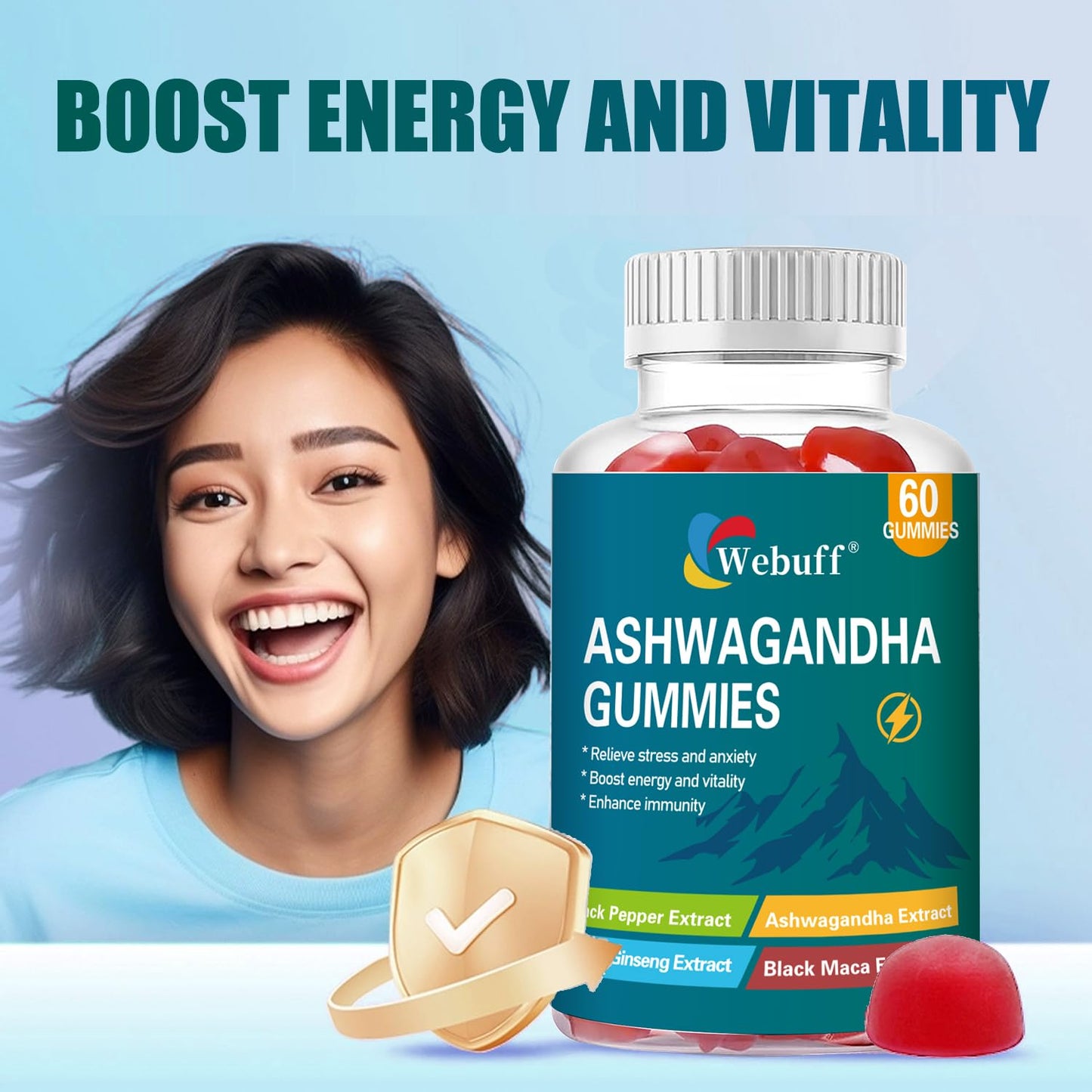 Webuff Ashwagandha Gummies with L-Theanine & Black Pepper Extract, 60 Count