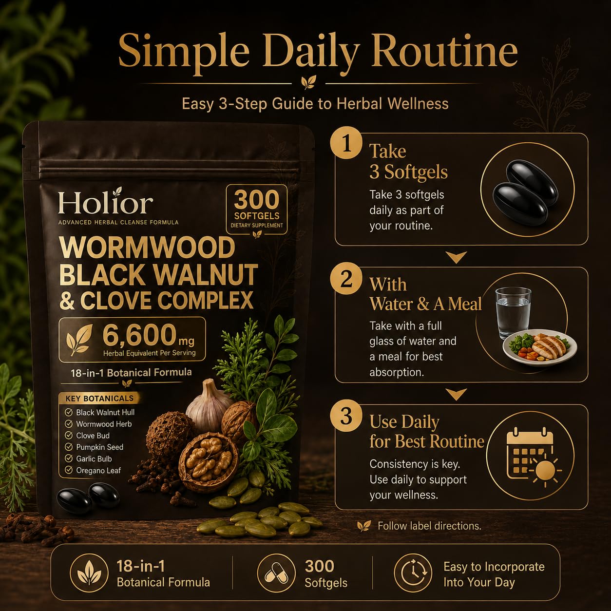 Holior Health Wormwood Black Walnut Cloves Digestive & Gut Balance Support Herbal Formula with Turmeric, Clove, Garlic, Pumpkin Seed & Oregano Softgel 300