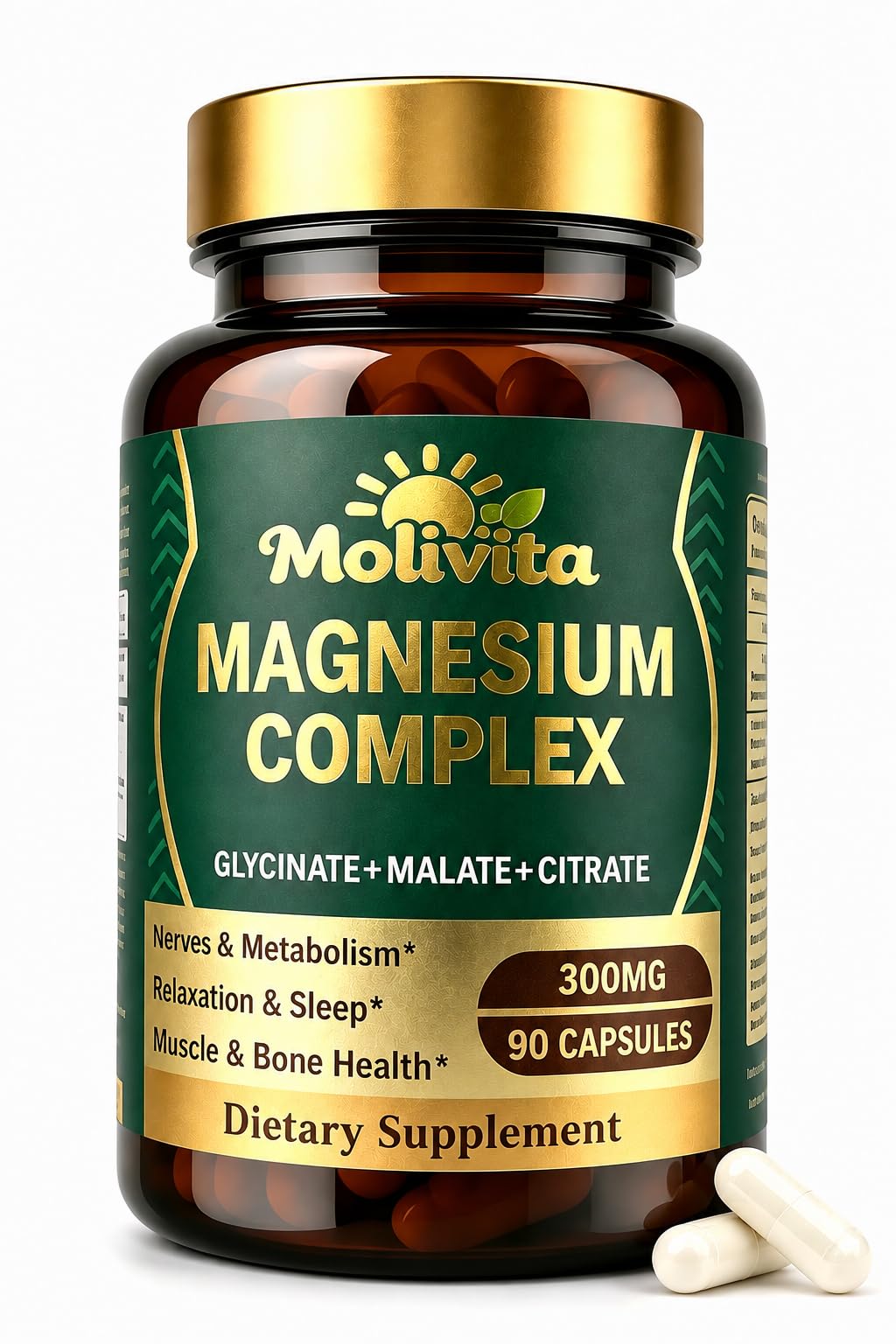 Molivita Triple Magnesium Complex - 300mg Magnesium from Glycinate, Malate & Citrate with Vitamin B6 & L-Theanine, 90 Capsules