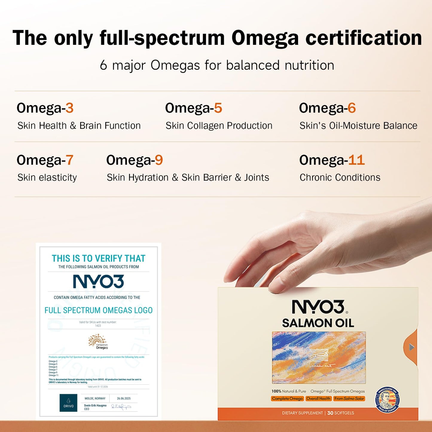 NYO3 97% Salmon Oil 1000mg with Omega 3-6-9-11 & EPA & DHA Complete Omega, 30 Capsules