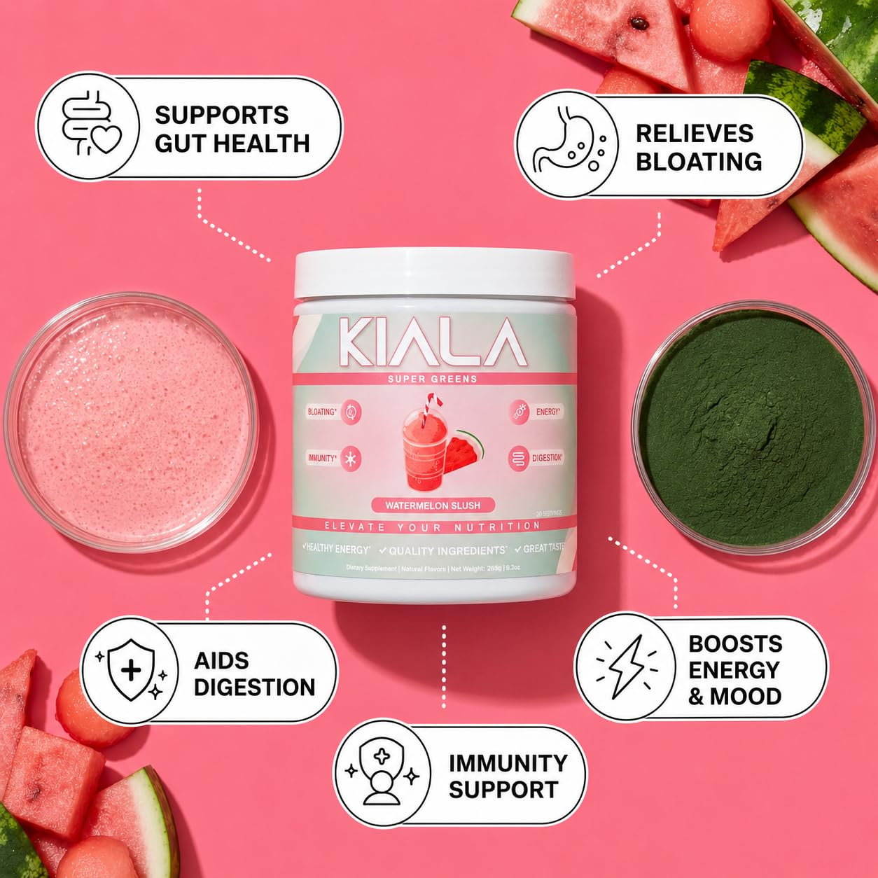 Kiala Nutrition Super Greens Powder with Spirulina & Chlorella, Watermelon Slush, 9 oz