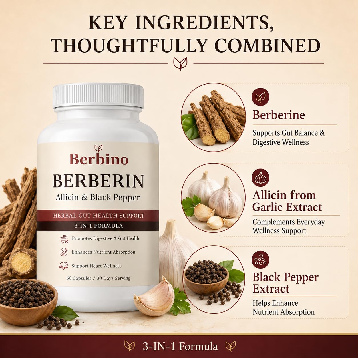 NEURODROPS Berbino Berberine Complex with Allicin & Black Pepper Extract Capsules, 60 Count