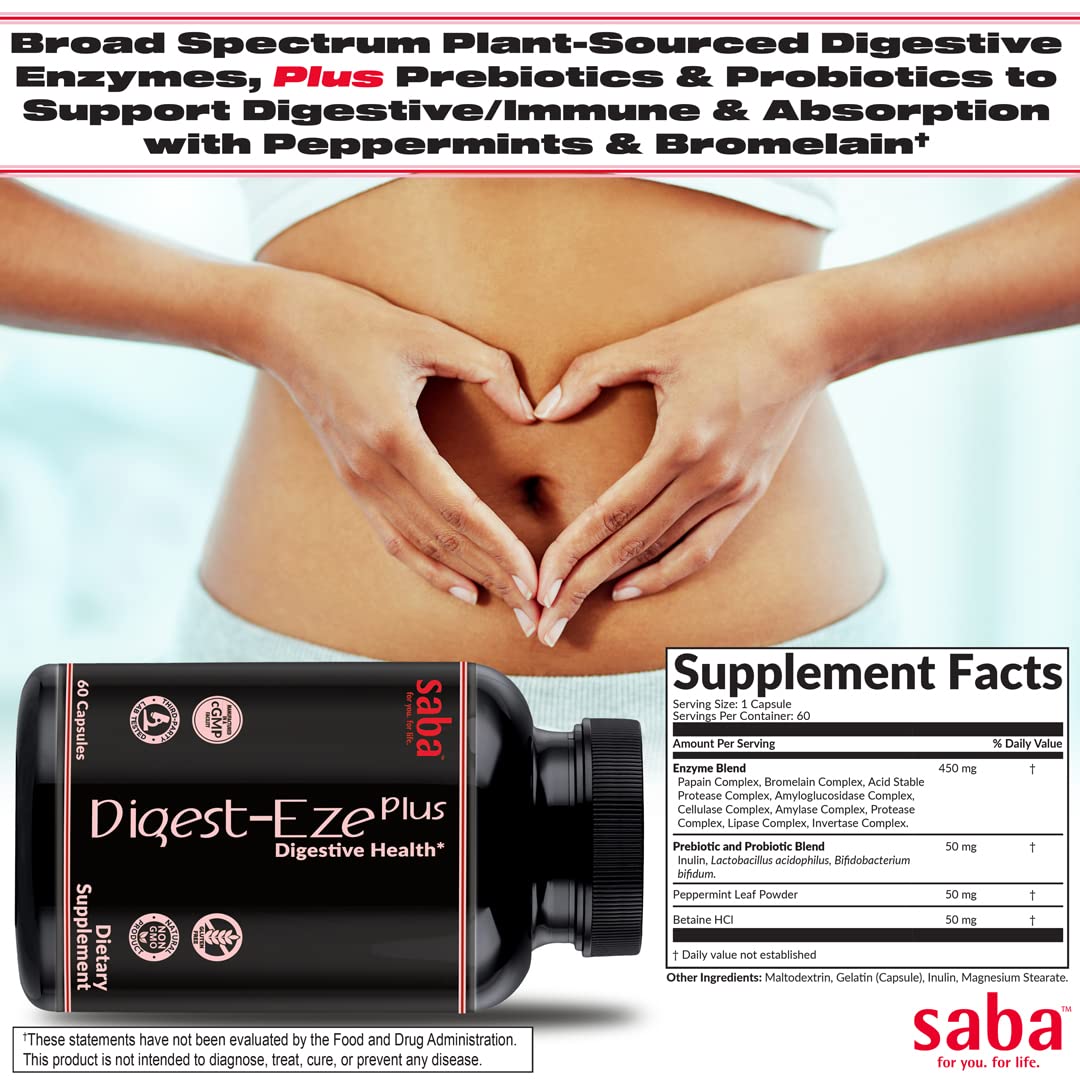 Saba Digestive-EZE Plus Broad Spectrum Plant-Sourced Enzymes, Prebiotics & Probiotics - Support Digestive & Gut Functions, Immunity & Absorption with Betaine, Bromelain, 60 Capsules