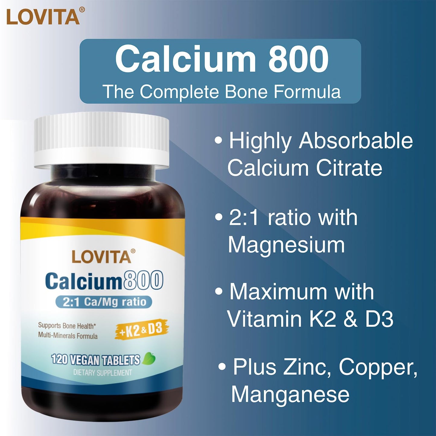 LOVITA Calcium Citrate 800 mg with Magnesium, Vitamin D3 & K2, Bone Strength & Density Supplement for Women & Men, 120 Tablets