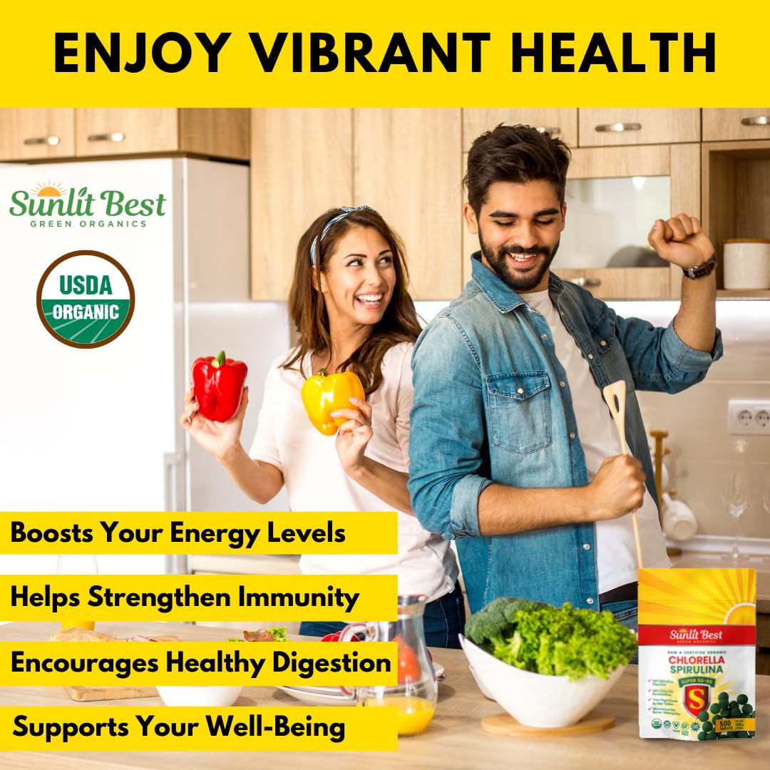 Sunlit Best Green Organics Sunlit Super 50/50 Organic Chlorella Spirulina Tablets, 500 Tablets
