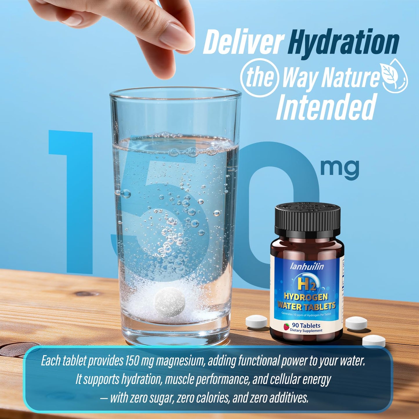 lanhuilin Hydrogen Water Tablets with Magnesium 150mg, Raspberry, 90 Tablets