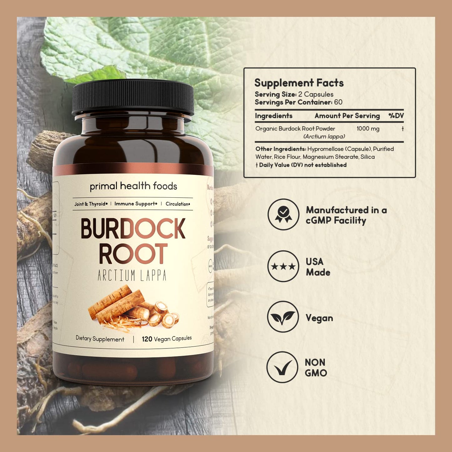 Primal Health Foods Organic Burdock Root Capsules 1000 mg, 120 Count