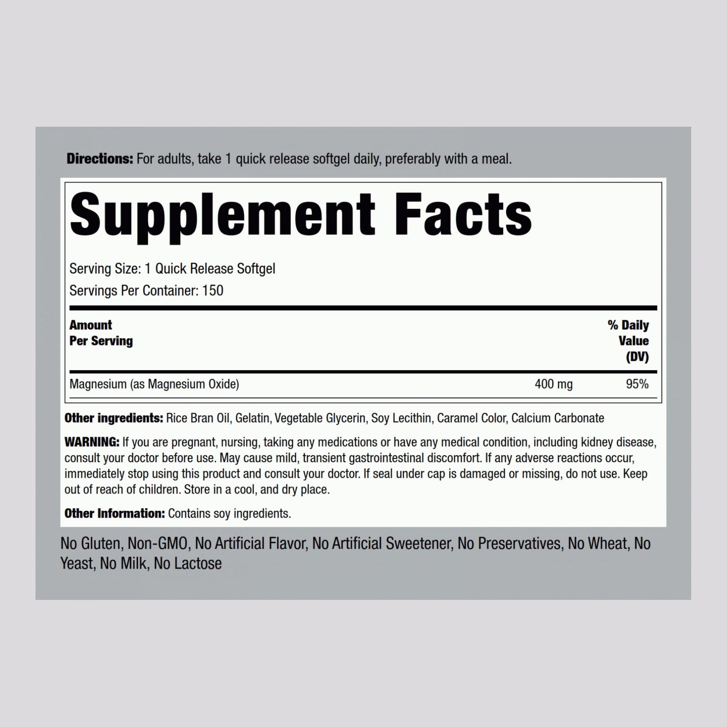 Piping Rock Magnesium Softgels 400 mg, 150 Count, Non-GMO, Gluten Free
