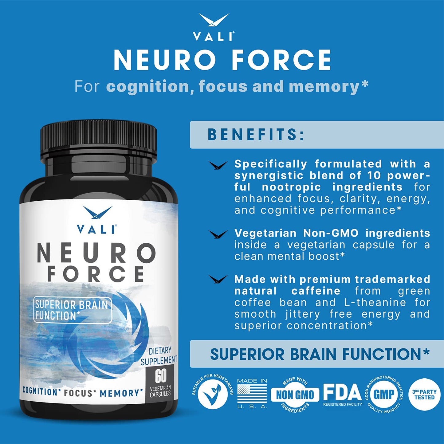 VALI Neuro Force Brain Booster Capsule, 60 Count, Nootropic for Focus, Memory, Clarity & Energy, with Natural Caffeine