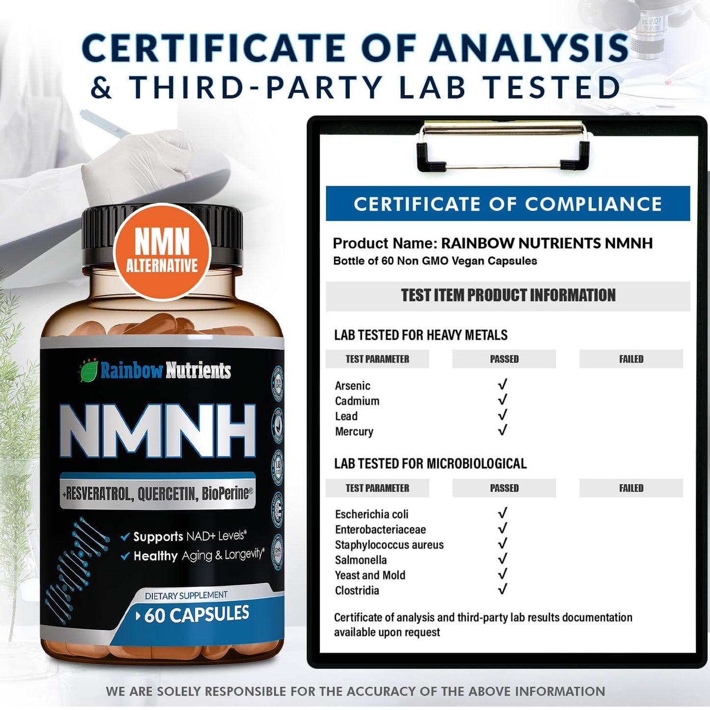 Rainbow Nutrients NMNH Supplement (NMN Alternative) NAD Booster, Capsule, 60 Count