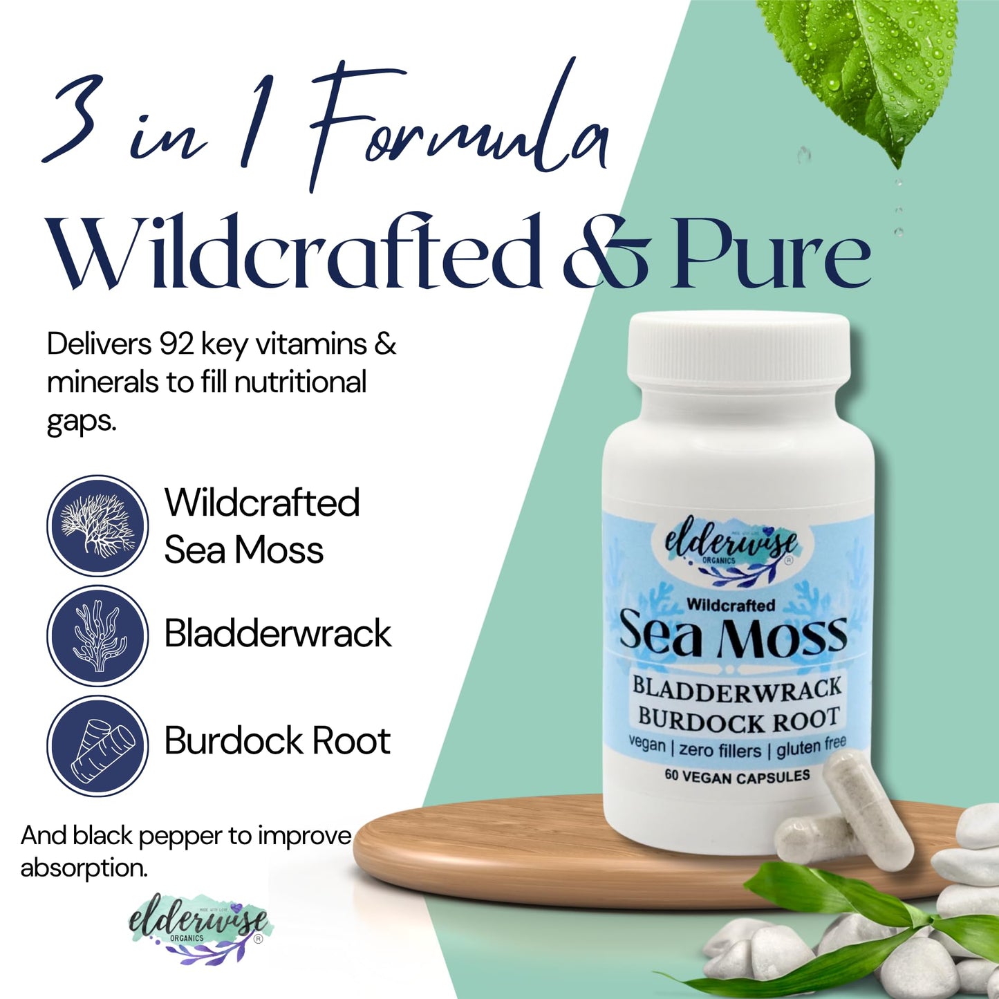 Elderwise Organics Made With Love Sea Moss Capsules with Burdockroot & Bladderwrack 60 Count