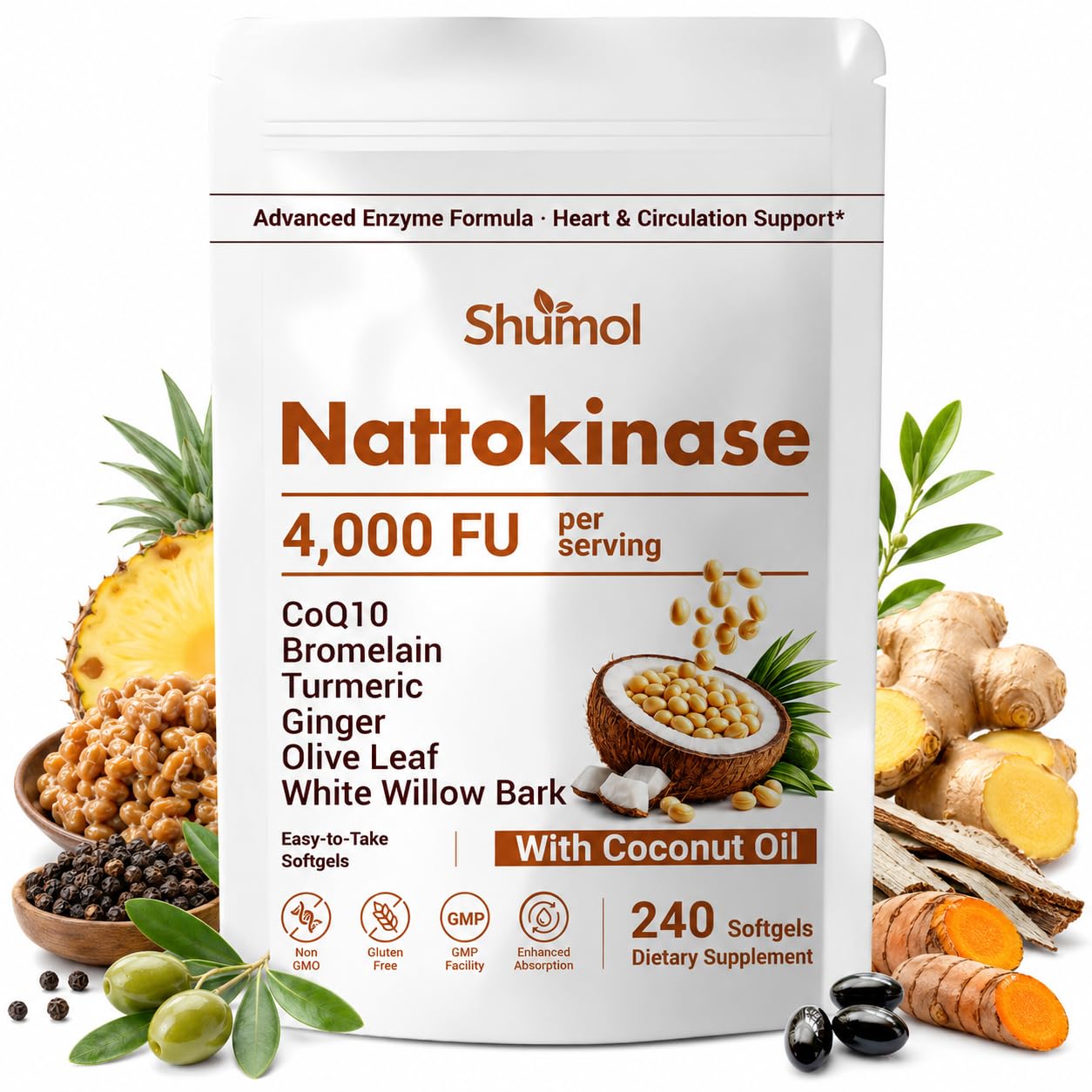 Shumol Nattokinase Supplement 4,000 FU, 10-in-1 Softgels with CoQ10, Bromelain, Turmeric, Ginger, Olive Leaf & White Willow Bark, Enteric Coated with MCT Oil, Non-GMO, Gluten Free, 240 Softgels
